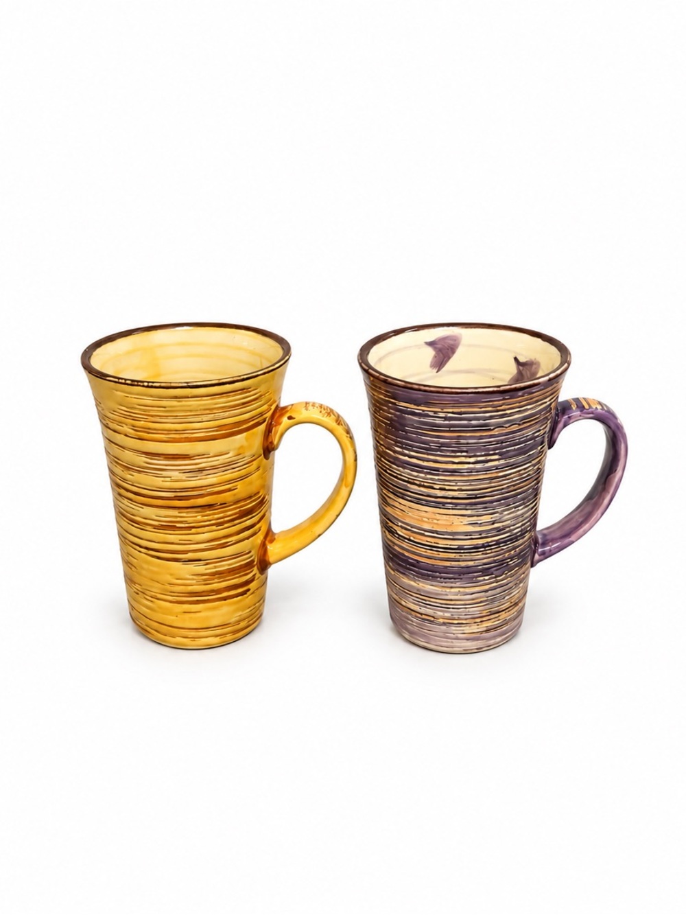 Source Unknown Yellow and Purple Striped Ceramic Mugs - Home Dining